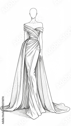Elegant Draped Off-Shoulder Gown Fashion Illustration Sketch