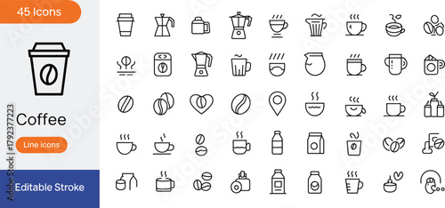 Coffee line icons set, editable stroke, takeaway cup, espresso, beans, mugs, grinder, brewing tools, cafe menu, barista equipment collection