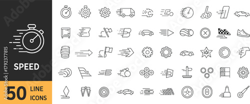 Dynamic speed line icons set, stopwatch vector, fast delivery symbols, motion graphics, racing car, quick movement, automotive signs collection