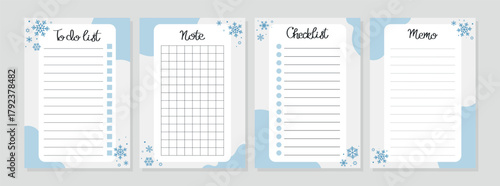 Set of winter to do list, note, memo, checklist with 
snowflake pattern. Vector illustration for planners, agenda, notebooks, cards, diary and other stationery. Layout A5