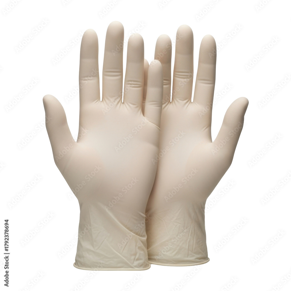 Obraz premium Close-up shot of two pairs of white latex gloves, palms facing upwards.