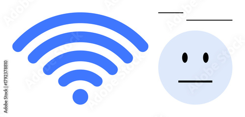 Blue wireless signal icon diminishing alongside a neutral face with frustrated expressions and subtle lines. Ideal for connectivity, technology, frustration, internet issues, communication