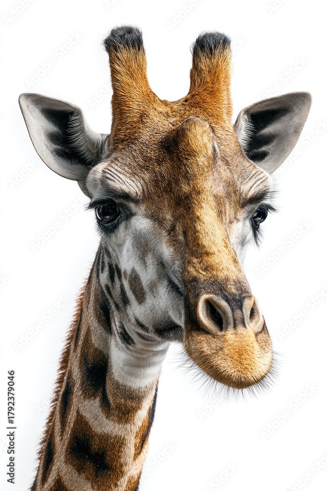 Fototapeta premium Close up portrait of a giraffe on white