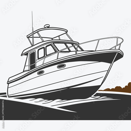Clean black-and-white drawing of a speedboat in motion.
