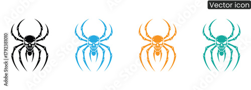 Four distinct spider skull icons in vibrant colors create an intense, memorable visual. Perfect for projects needing a bold, edgy, or spooky aesthetic.