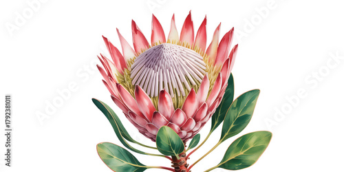 Flower with watercolor pink bracts form spiky protea