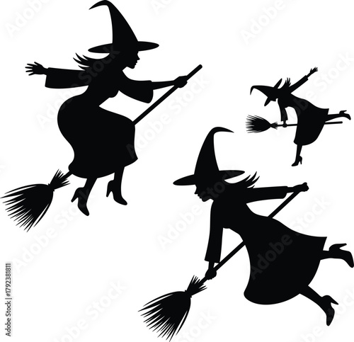 Silhouette of witches flying on broomsticks, Halloween night magic, spooky fantasy illustration, witchcraft, mystery, dark art, and enchanted sky.