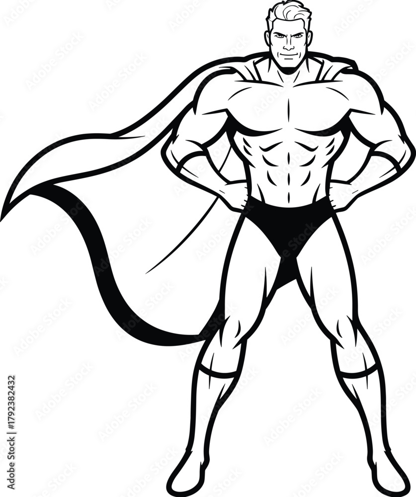 custom made wallpaper toronto digitalStrong superhero cartoon character, muscular hero pose, comic book style drawing, confident man with cape, black and white illustration vector