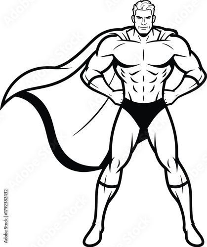 Wallpaper Mural Strong superhero cartoon character, muscular hero pose, comic book style drawing, confident man with cape, black and white illustration vector Torontodigital.ca