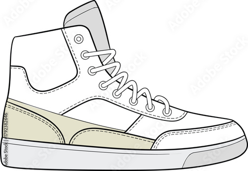 Stylish sneaker shoe vector illustration, modern casual footwear design, fashion high-top trainer, sport style shoe template, detailed outline graphic