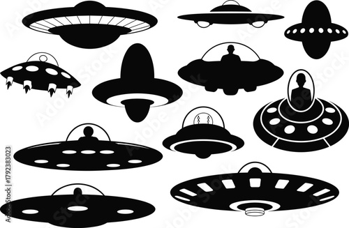 UFO spaceship silhouettes collection, alien spacecraft illustration, futuristic flying saucers design, extraterrestrial vehicle art, sci-fi concept, space exploration theme, cosmic graphic