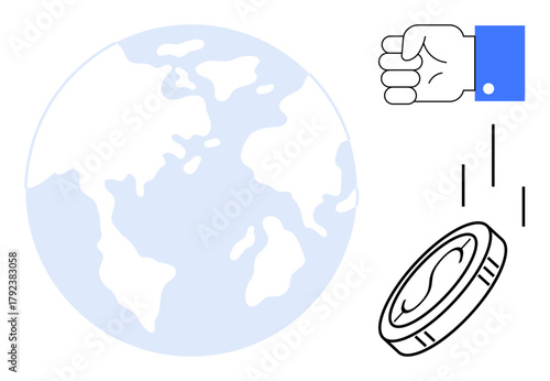Hand preparing to toss coin near Earth image, depicting chance, decision-making, global economy, risk, uncertainty, investment, and finance. Ideal for concepts thumbs up strategy and randomness in