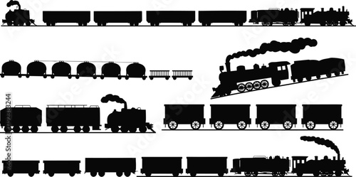 Vintage steam trains silhouette collection, railway transportation, cargo wagons, old locomotives, industrial transport design, retro train illustration, railway engineering art
