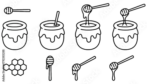 Honey pot illustration set with dipper and honeycomb graphic