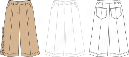Women’s wide leg pants fashion flat sketch, front and back view, high waist trouser design, stylish clothing illustration for designers