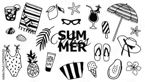 Summer vibes beach vacation elements and icons vector design