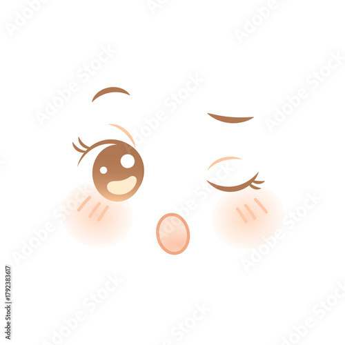 Surprised anime face with wink, blush and open mouth expression