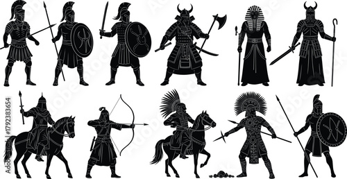 Ancient warrior silhouette vector, Roman soldier, Greek hoplite, samurai, Egyptian fighter, Native American, medieval knight, black illustration, historic armor, weapon pose, battle stance