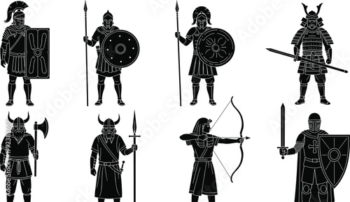 Ancient warrior silhouette vector, Roman soldier, Greek hoplite, Viking fighter, samurai, archer, medieval knight, black illustration, historic armor, weapon pose, battle stance