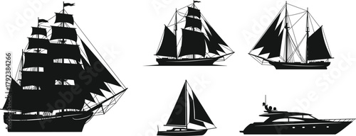 Boat and ship silhouettes, sailing vessels, modern yacht, historic tall ships, nautical icons, rigging, sails, maritime transport, sea travel, black vector art
