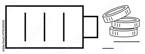 Battery icon beside stacked coins symbolizing energy cost, power efficiency, resource management, and financial savings. Ideal for sustainability, economy, technology, energy, finance innovation