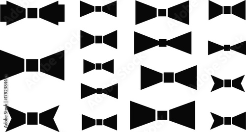 Bow tie silhouette vector, formal fashion icons, black illustration, classic accessory, elegant design, style variation, tuxedo element, vintage shape, graphic set