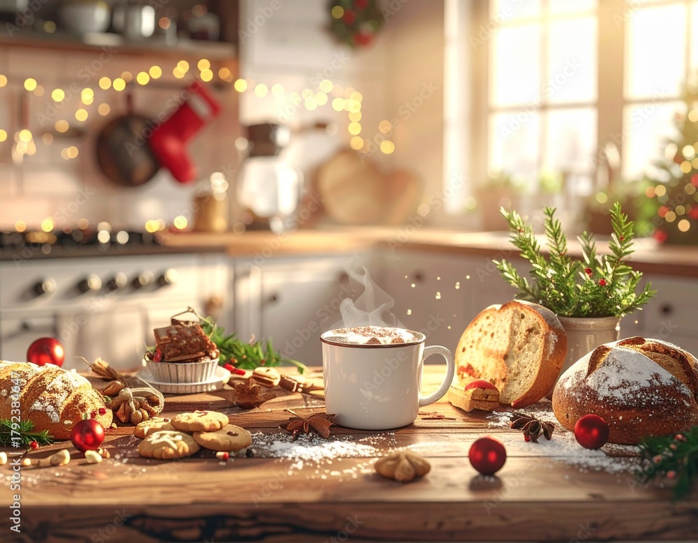 Fototapeta premium Freshly baked Christmas cookies, gingerbread, and rustic loaves of sourdough surrounded by festive decorations, pinecones, glowing candles, and dried oranges. Cozy winter mood, soft lighting, editoria