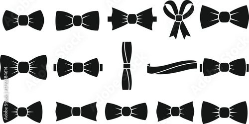 Bow tie silhouette vector, formal fashion icons, black illustration, classic accessory, elegant design, style variation, tuxedo element, vintage shapes, graphic collection