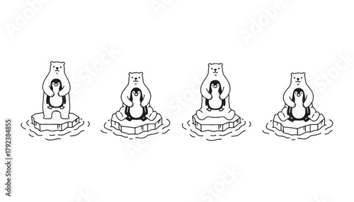 Cute polar bear and penguin on ice floe cartoon illustration