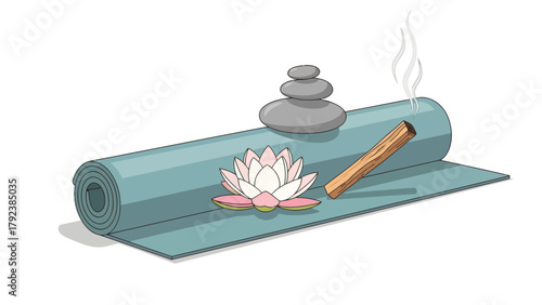 A rolled yoga mat with a lotus flower stacked stones and smoldering wood stick