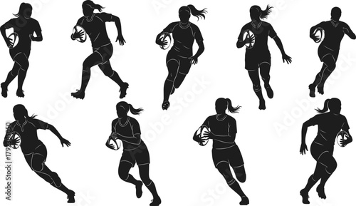 Female rugby silhouette vector, running, passing, catching, tackling, athletic motion, black illustration, team sport, dynamic pose, ball action, competition, strength