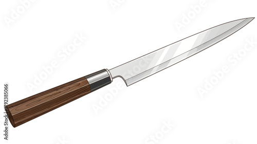 A sharpened kitchen knife with a wooden handle and metallic accents