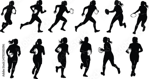Female rugby silhouette vector, running, passing, catching, tackling, ball control, black illustration, athlete motion, team sport, dynamic pose, competition, strength