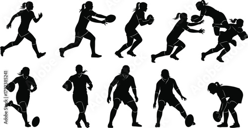 Female rugby silhouette vector, running, passing, tackling, catching, kicking, black illustration, athlete motion, sports action, team game, dynamic pose, competition