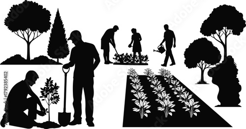 Gardening teamwork vector, people planting, watering, digging, hoeing, using shovel, garden bed, nature care, outdoor activity, silhouette, environmental illustration