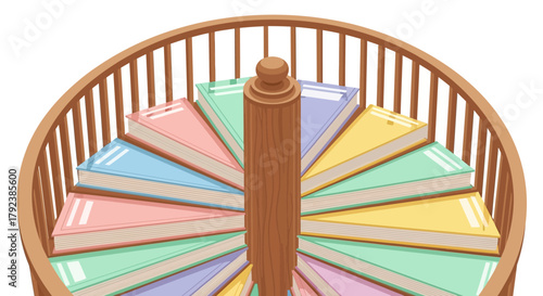 Spinning Books, Colorful Covers, Library Adventure, Digital Illustration, Bright Environment, Top View, Learning Concept