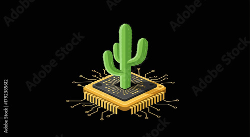 Cactus Growth on Microchip, Futuristic Design, Digital Art, Minimalist Environment, Conceptual Viewpoint