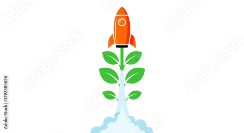 Launch Event, Rocket Growth, Green Leaves, Digital Illustration, Abstract Design, Upward Perspective, Innovation Concept