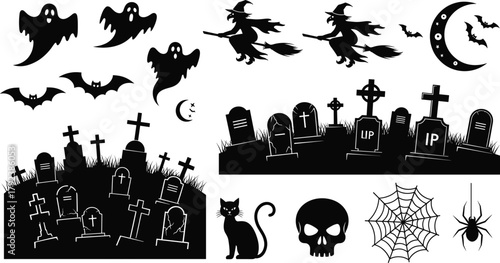 Halloween silhouette vector, ghosts, witches, bats, graveyard scenes, crescent moons, black cat, skull, spider web, spooky design, horror theme, festive, ghosts
