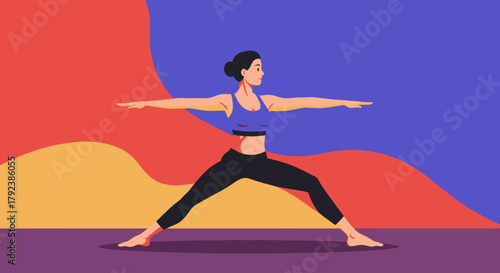 Vibrant vector illustration of a woman gracefully performing the Warrior II yoga pose, embodying strength, balance, and a healthy, active lifestyle through mindful exercise