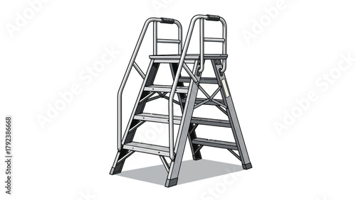 A silver step ladder with handrails and steps