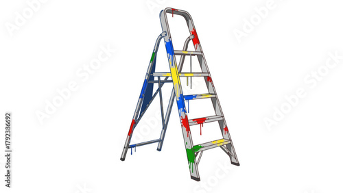 A silver stepladder with colorful paint splatters