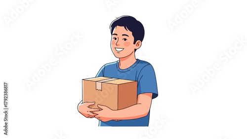 A smiling young man in a blue tshirt holds a brown cardboard box