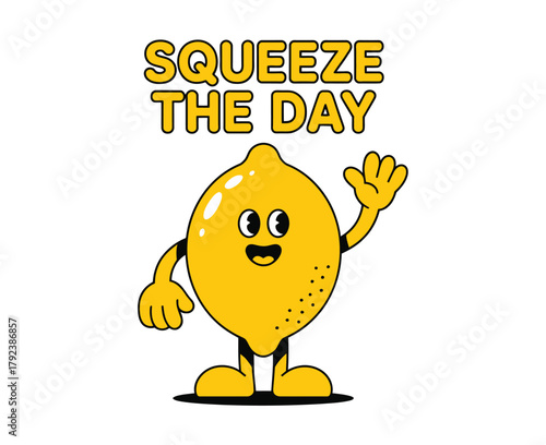 A cartoon lemon character with a friendly face and a waving hand stands below the text "SQUEEZE THE DAY" on a white background.