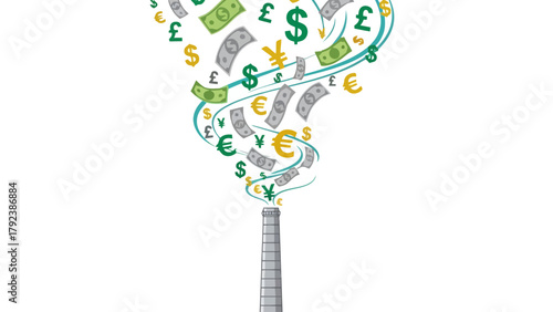 A smokestack emits currency symbols and bills forming a vortex