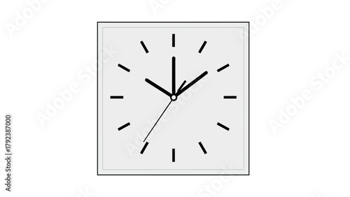 A square clock face with black hands and hour markers on a light gray background