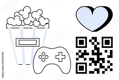 Popcorn bucket, game controller, heart, and QR code symbolizing entertainment, online interaction, and modern leisure. Ideal for gaming, streaming, interaction love leisure technology lifestyle