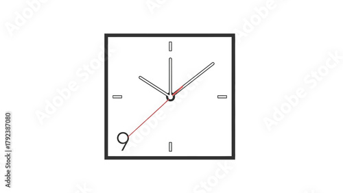 A square clock with two black hands and a red second hand