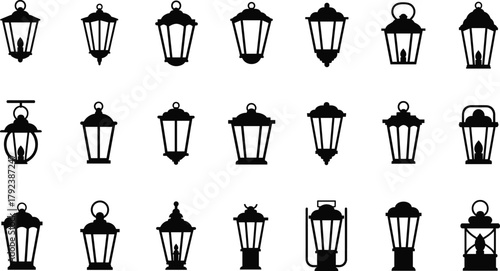 Lantern silhouette vector, vintage lamp designs, ornate tops, symbolic figures, black illustration, storytelling concept, gothic style, decorative element, mystery, shadow art