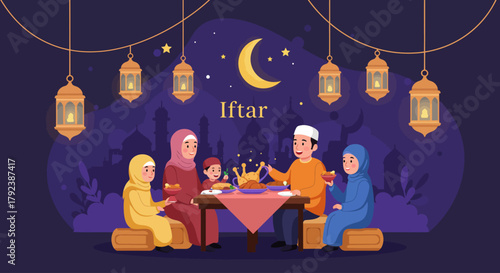 Heartwarming illustration of a Muslim family enjoying Iftar during Ramadan, sharing a meal together under the evening sky with festive lanterns